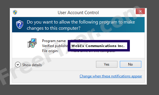 Screenshot where WebEx Communications Inc. appears as the verified publisher in the UAC dialog